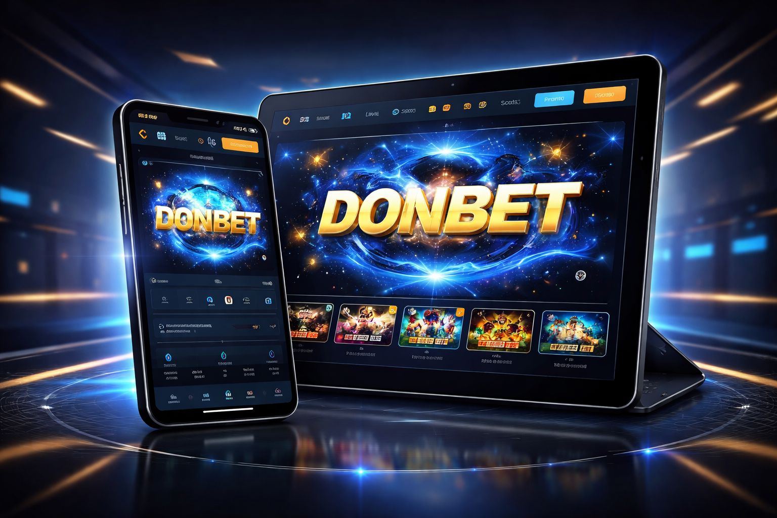 Smartphone y tablet mostrando la interfaz de la aplicación móvil DONBET con un diseño moderno de juegos para usuarios de Argentina.