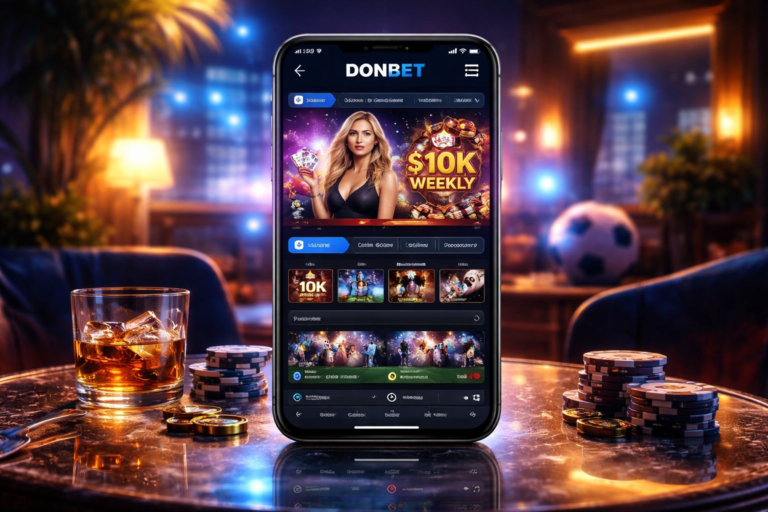 Dispositivo móvil mostrando la pantalla de instalación de la app DONBET y el lobby de casino en un entorno elegante inspirado en Argentina.