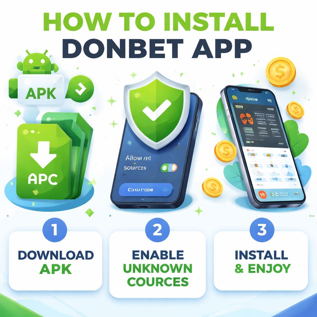 Vista gráfica del proceso de instalación móvil DONBET con pasos de descarga, seguridad y lanzamiento en un smartphone.
