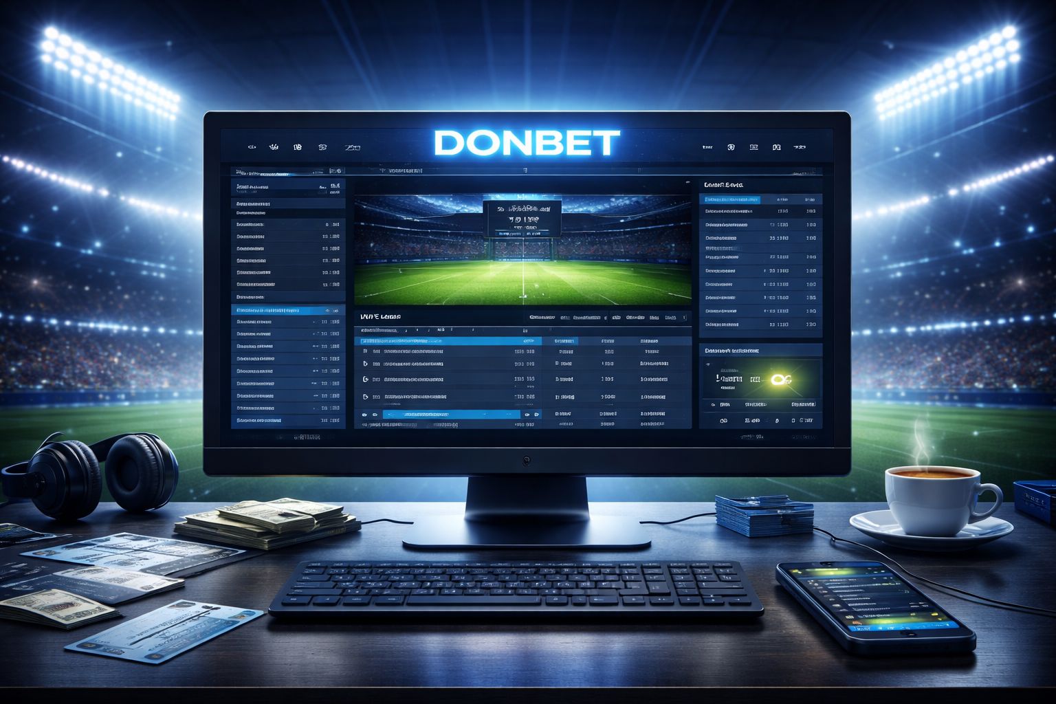 Pantalla de DONBET en un escritorio con estadísticas de fútbol, iluminación brillante del estadio y un panel moderno de apuestas.