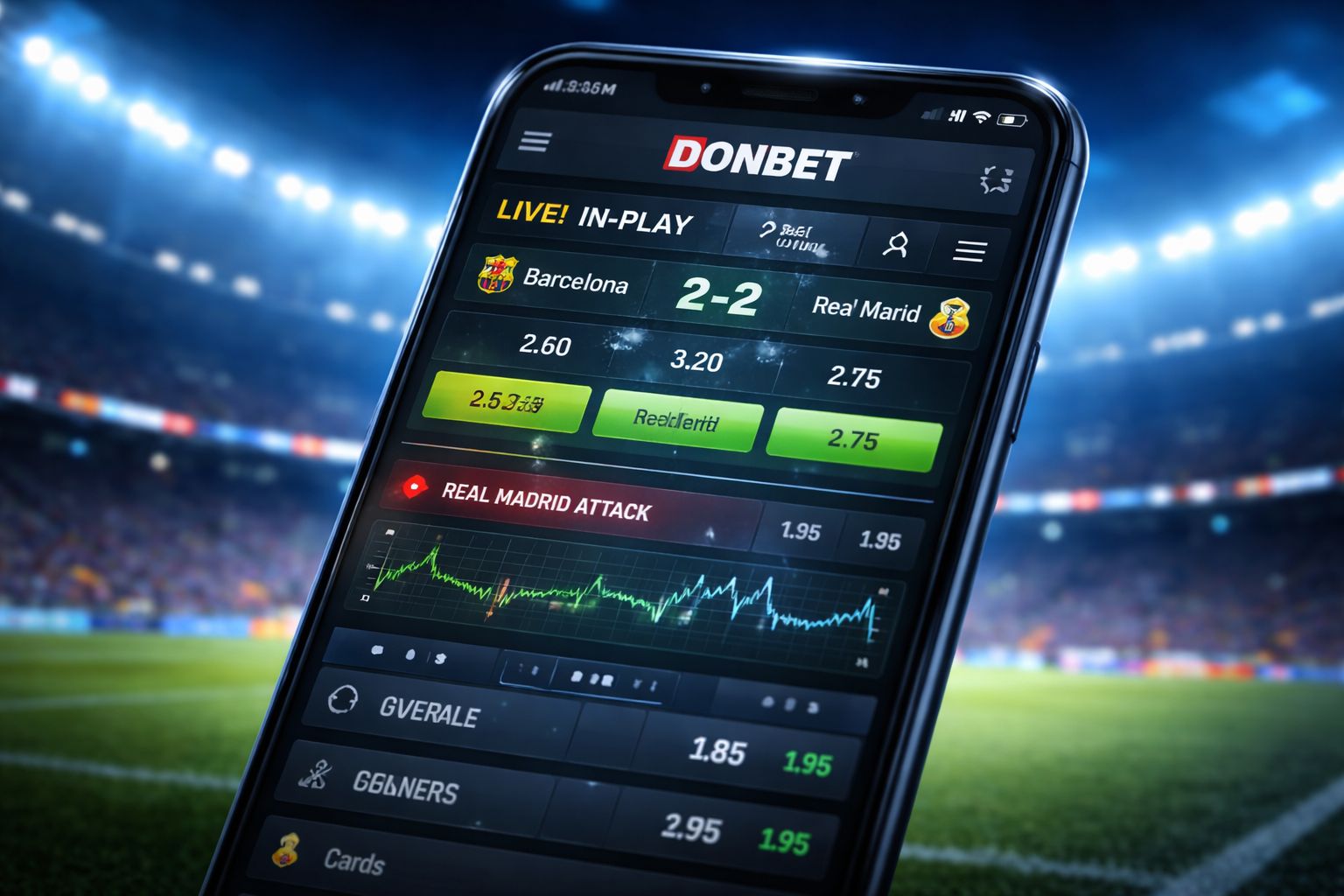 Interfaz de apuestas en vivo de DONBET en pantalla móvil con datos de fútbol y cuotas cambiantes en tiempo real.