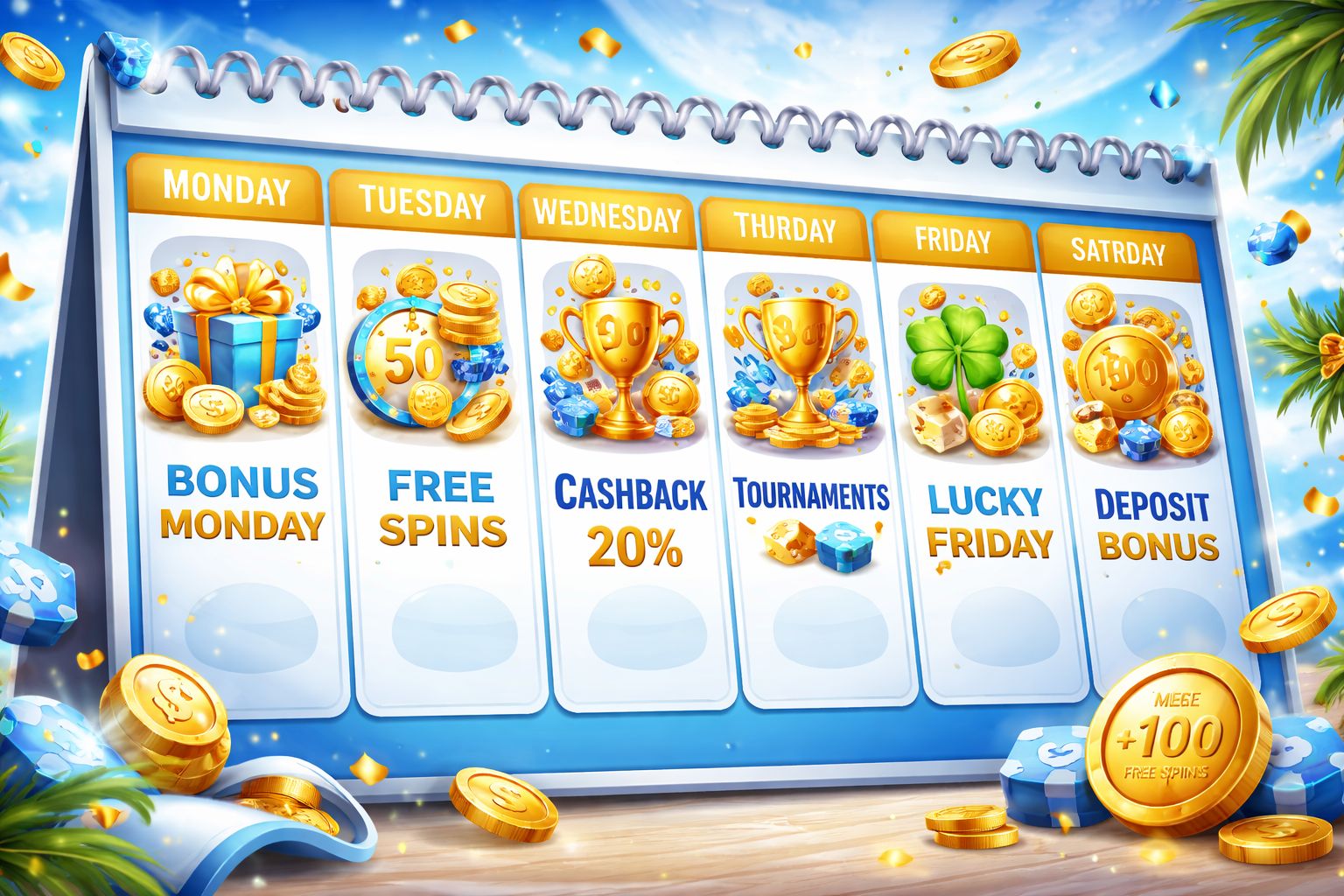 Imagen estilo calendario promocional para DONBET mostrando reembolso semanal, ofertas de recarga y eventos de giros gratis para usuarios en Argentina.