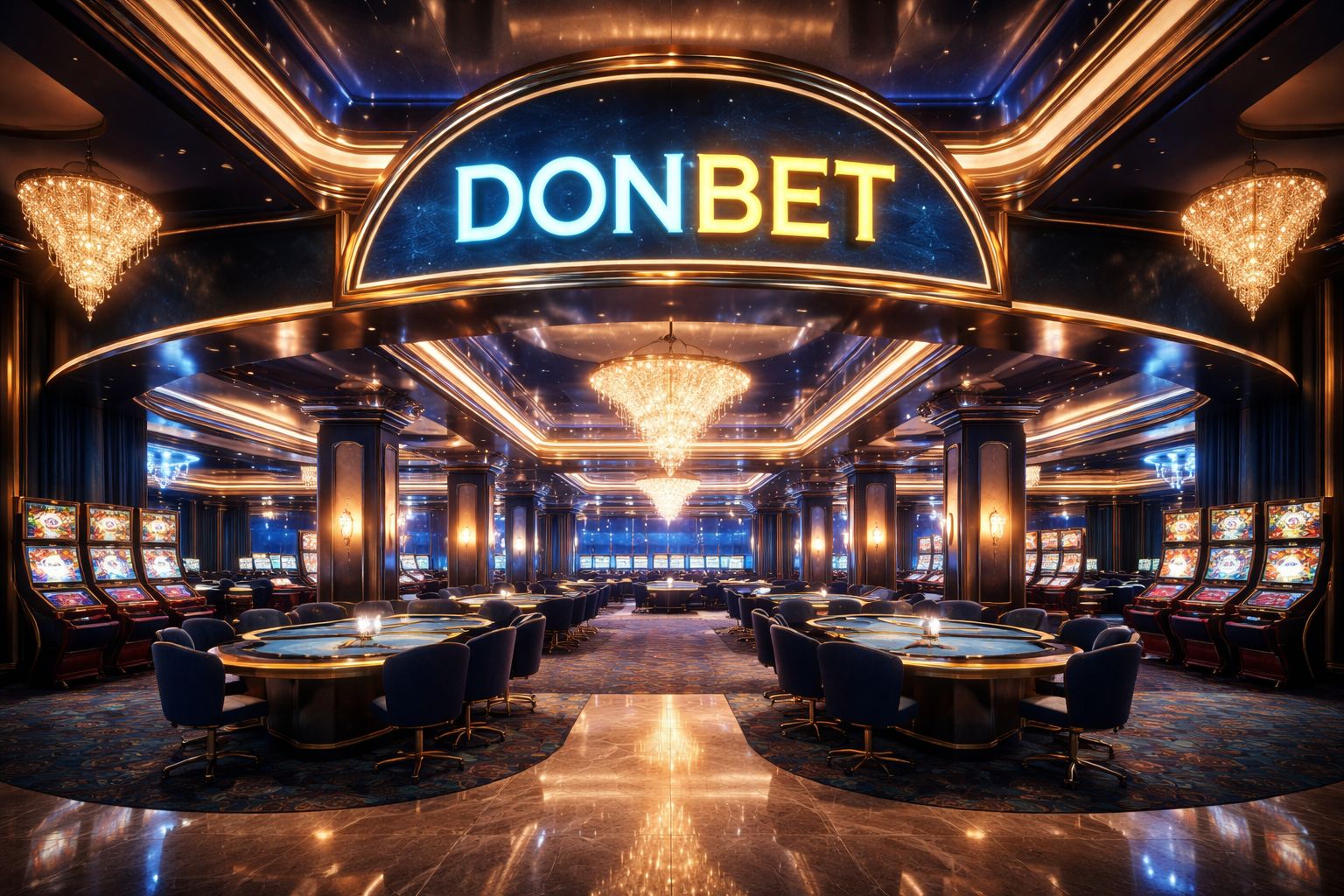 Lobby premium del casino DONBET con mesas en vivo y pantallas digitales de tragamonedas para jugadores en Argentina.