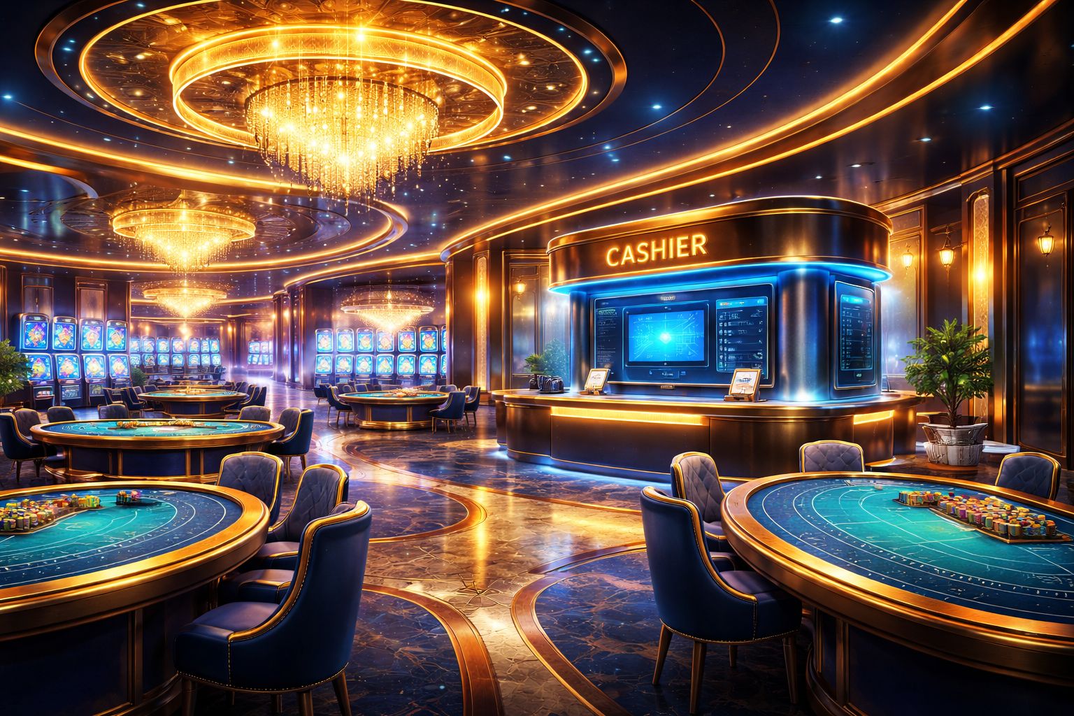 Escena inmersiva del casino DONBET con mesas iluminadas y una atmósfera digital segura para juegos.