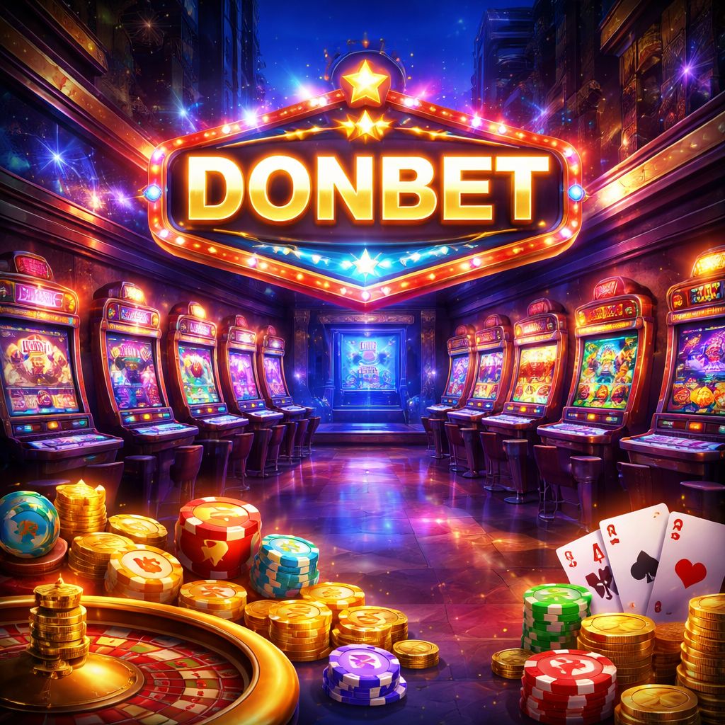 Escena digital estilizada de juego con DONBET mostrado prominentemente sobre pantallas coloridas de casino y símbolos de juego brillantes