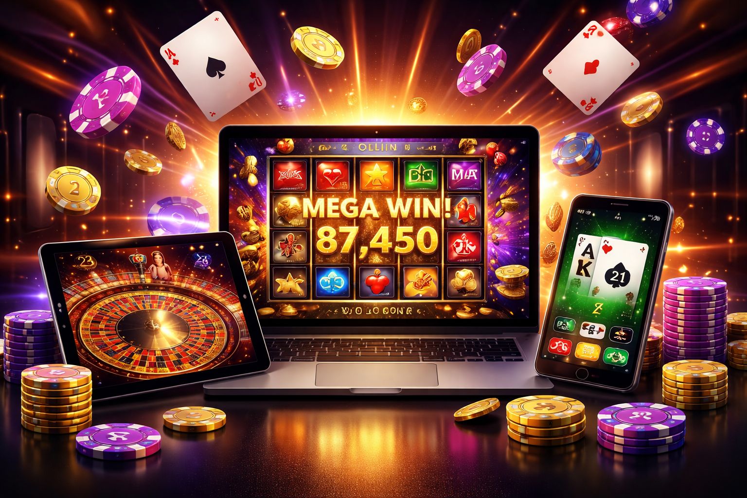 Configuración digital contemporánea de juego destacando el juego DONBET en múltiples dispositivos con visuales pulidos