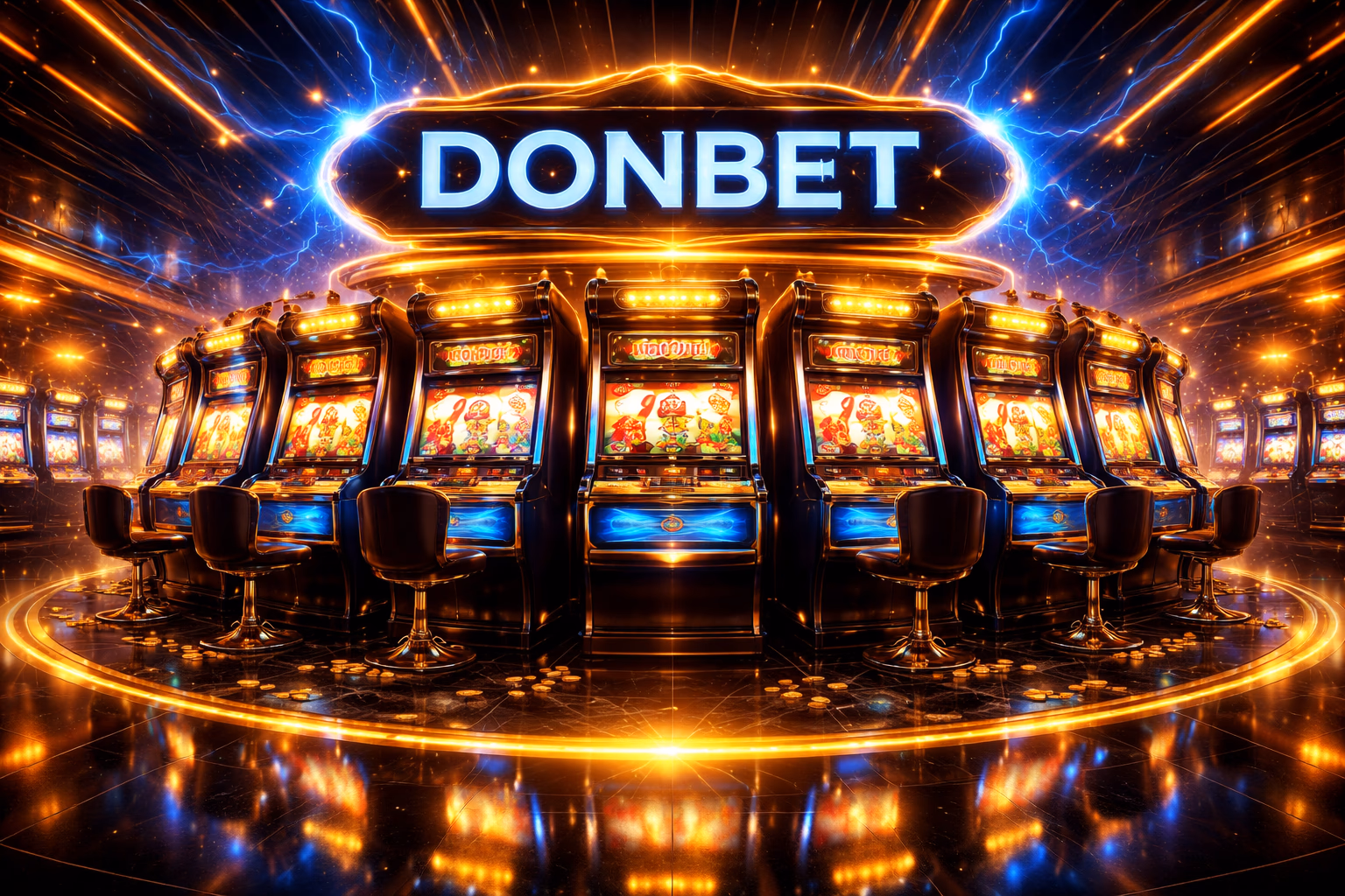 Rodillos coloridos de tragamonedas DONBET brillando en un entorno digital moderno de casino.